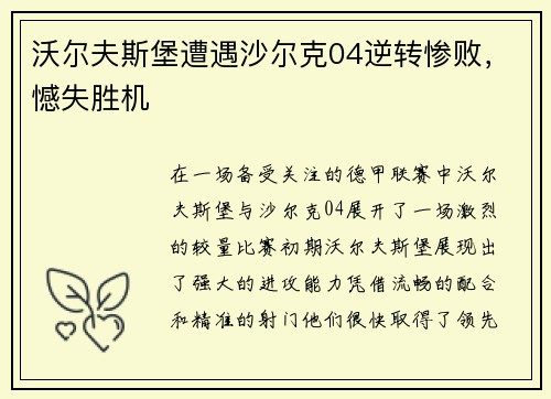 沃尔夫斯堡遭遇沙尔克04逆转惨败，憾失胜机