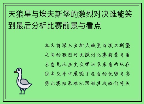 天狼星与埃夫斯堡的激烈对决谁能笑到最后分析比赛前景与看点