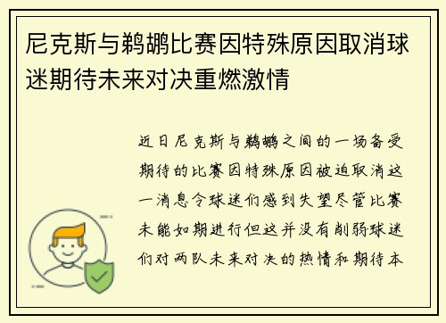 尼克斯与鹈鹕比赛因特殊原因取消球迷期待未来对决重燃激情