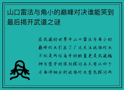 山口雷法与角小的巅峰对决谁能笑到最后揭开武道之谜
