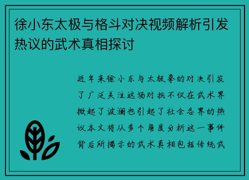 徐小东太极与格斗对决视频解析引发热议的武术真相探讨